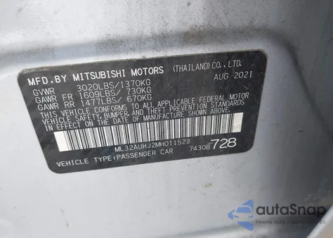 2021 Mitsubishi Mirage Carbonite Edition/Es/Le z USA, uszkodzony, nr VIN ML32AUHJ2MH011523